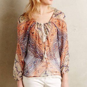 ANTHROPOLOGIE Cynthia Vincent Annuska Peasant Blouse Floral Peach Silk Top Shirt